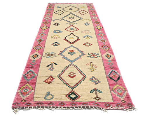 13 Feet Moroccan Beige Hand Woven Wool Runner Rug
